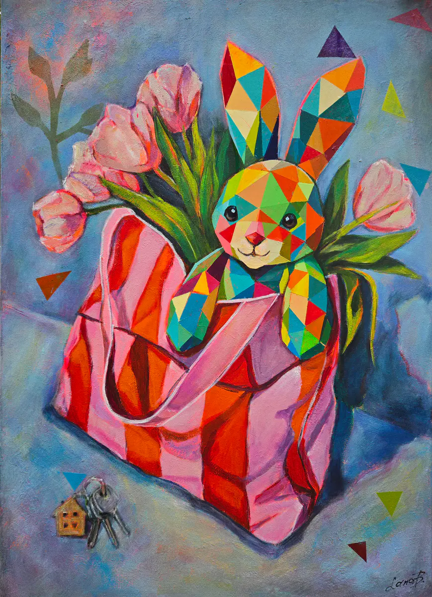 Geometrisk Glädje: Kanin och Tulpaner - Akryl - Conceptual - 50×70 cm av Lana Blink