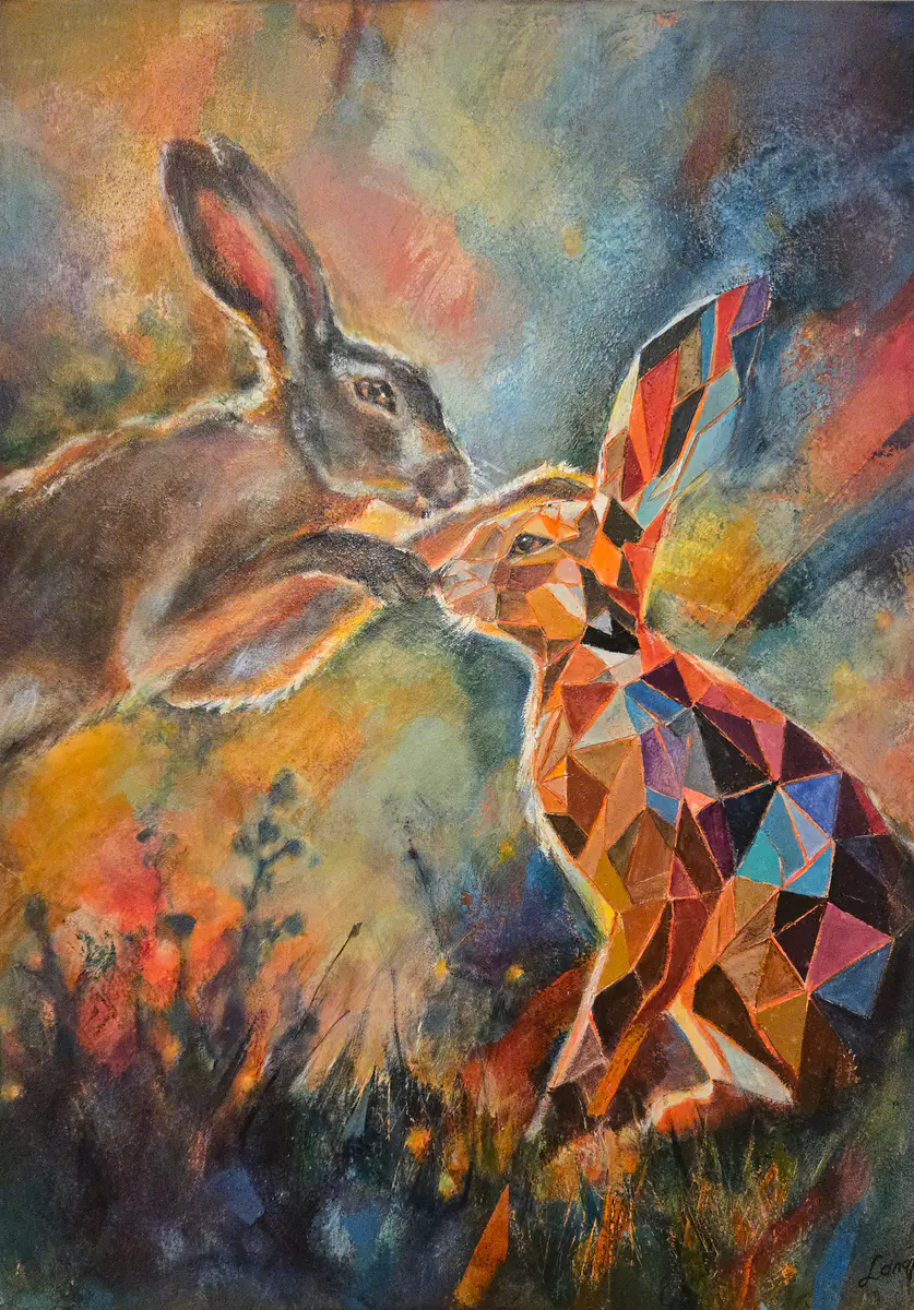 Harmoni i Skymningen: Geometriska Harar i Samspel - Acryl - Conceptual - 50×70 cm door Lana Blink