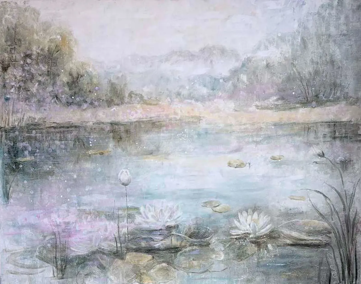Tyst Sjölandskap med Näckrosor - Olja - Contemporary - 100×80 cm av Selene Caspian