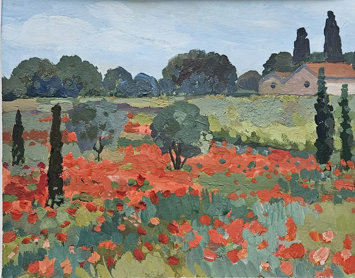 Poppies of Languedoc/Framed - Gouache - Impressionism - 41×32 cm av Tatiana Hellum (såld)