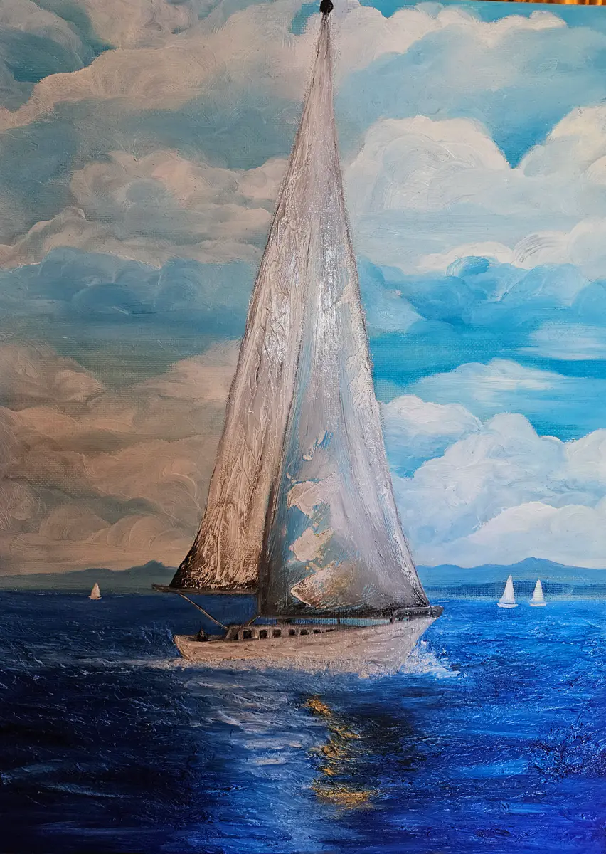 Segelbåt i Blått Hav - Olja - Abstract - 30×40 cm av Stefani Miletic
