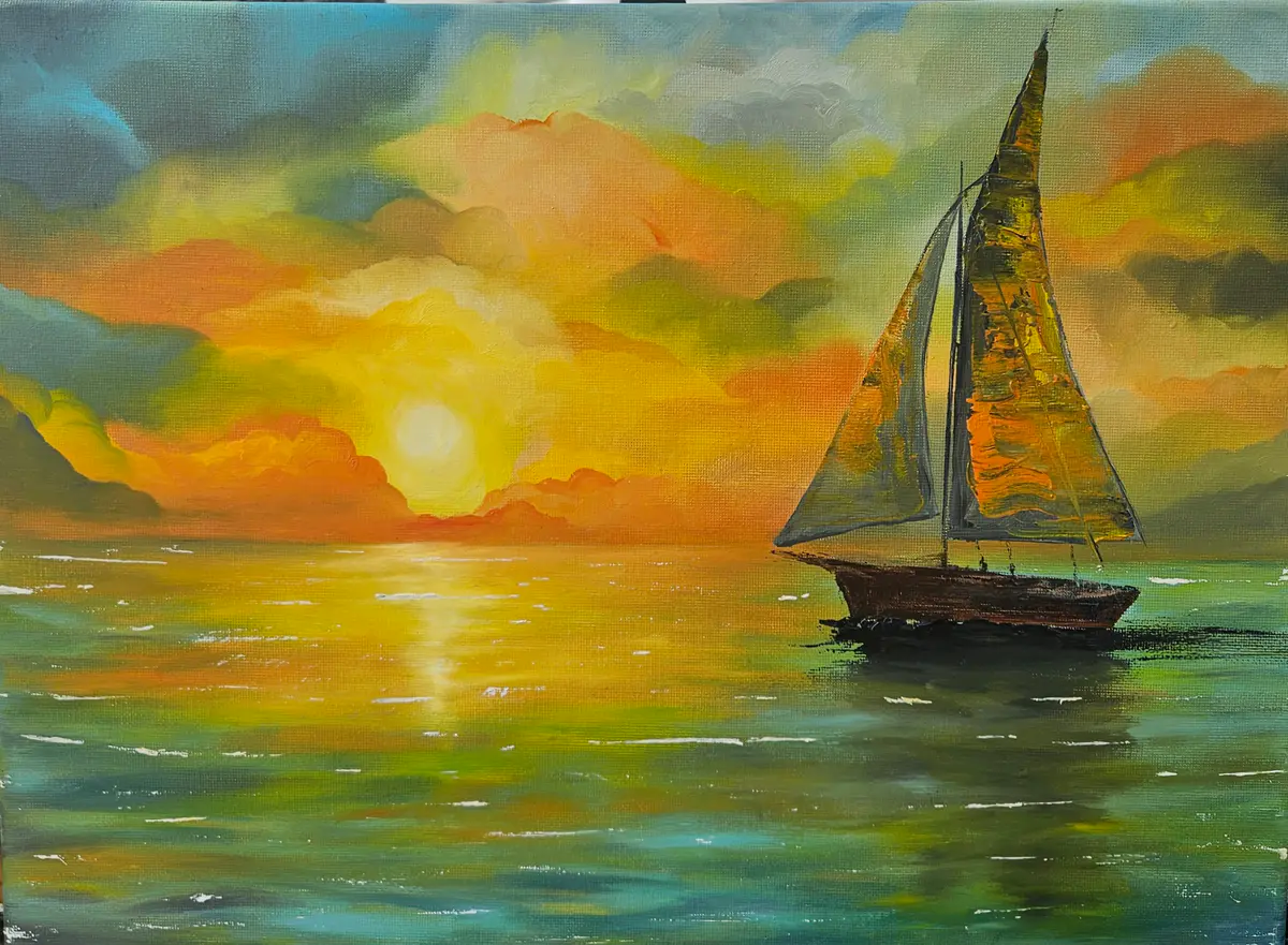 Segelbåt i Solnedgång - Olja - Landscape - 30×40 cm av Stefani Miletic