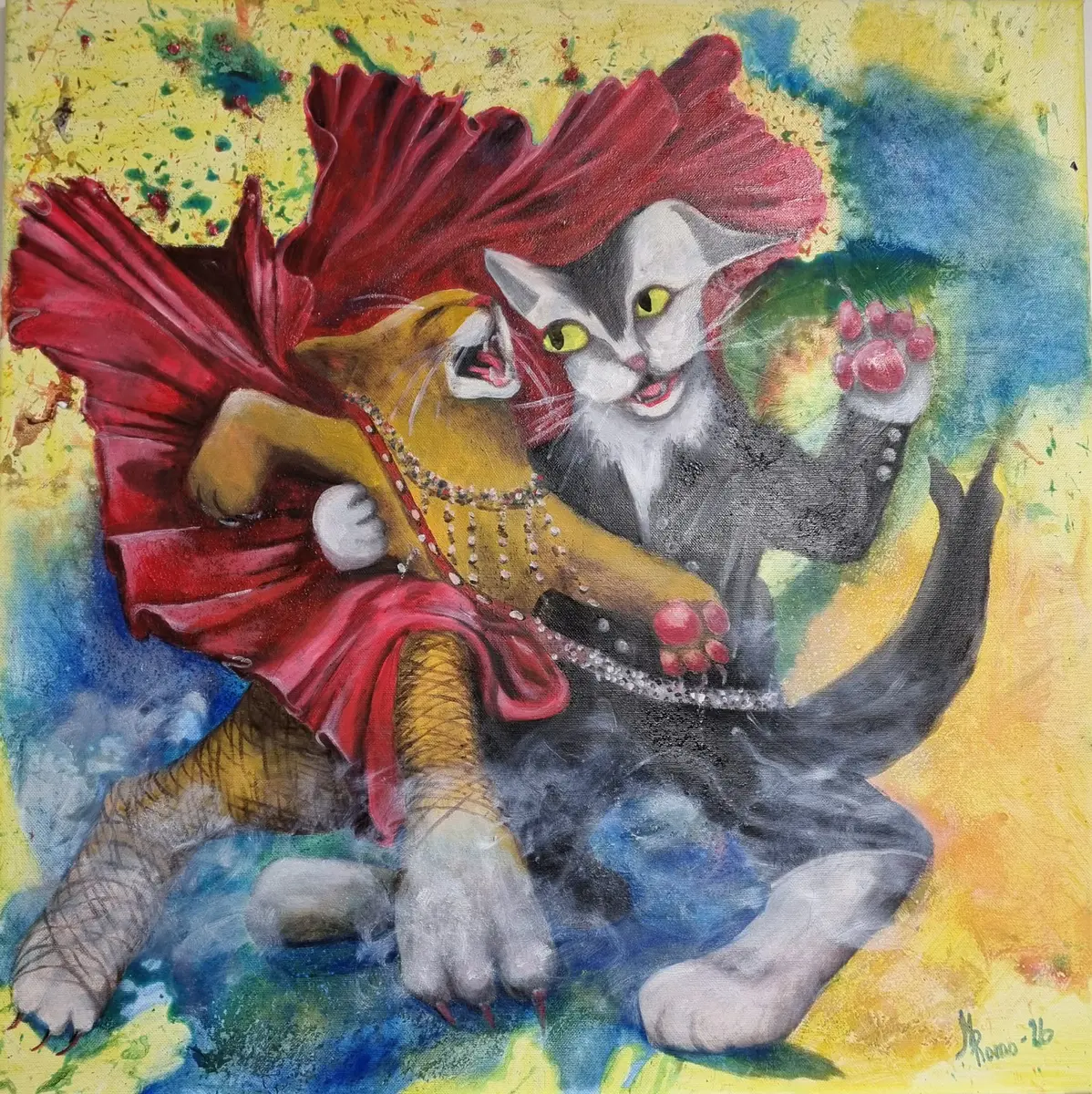277-26 Cat-Cat-Can 60x60 - Olja - Surrealism - 60×60 cm av MRomo