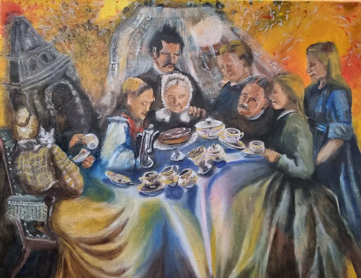 299-26 Bordsstund i Förvrängt Perspektiv - Olja - Surrealism - 40×30 cm av MRomo