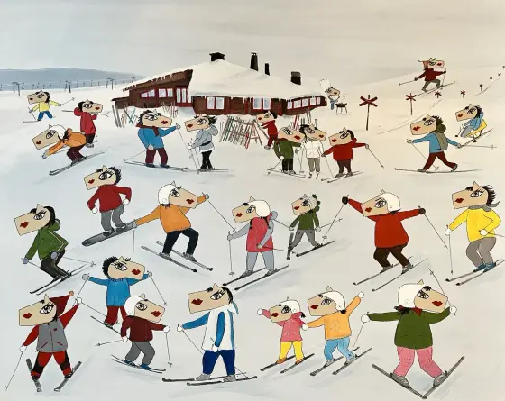 Snögubben, Happy skiing - Akryl av Hjort i Sälen