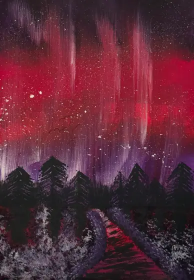 Norrsken på röd natthimmel. - Akryl av Ann-Christin (Acmpainting) Martinsson